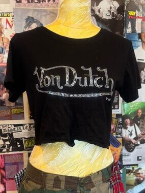 Von Dutch Black Rhinestone Logo Cropped Tee